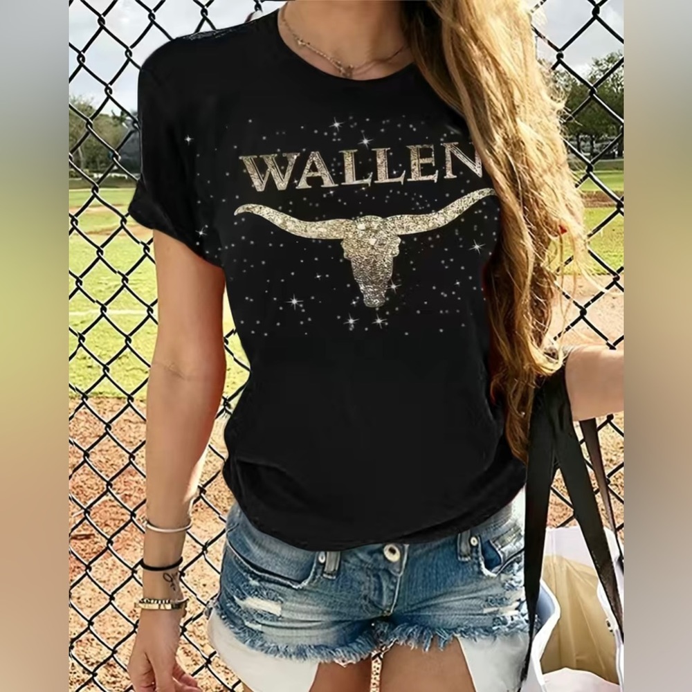 New! Wallen Cow Head Print Casual Crew Neck Short‎ Sleeve T-shirt